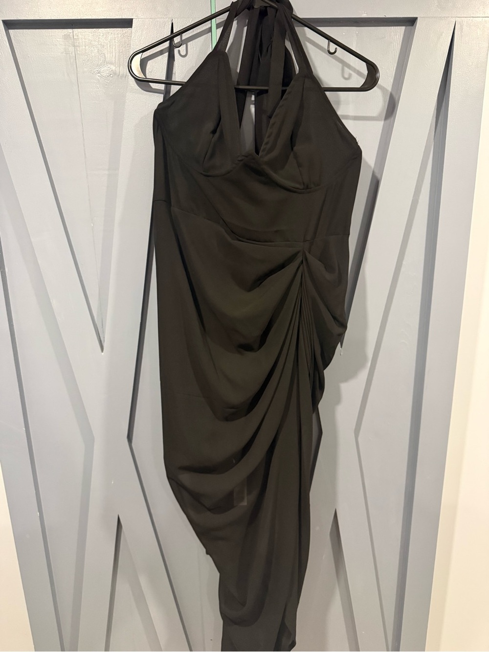 PrettyLittleThing Black One-Shoulder Draped Halter Dress